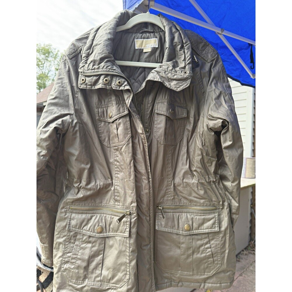 Michael Michael Kors Olive Green Utility Field Jacket Large Hooded Multi Pocket